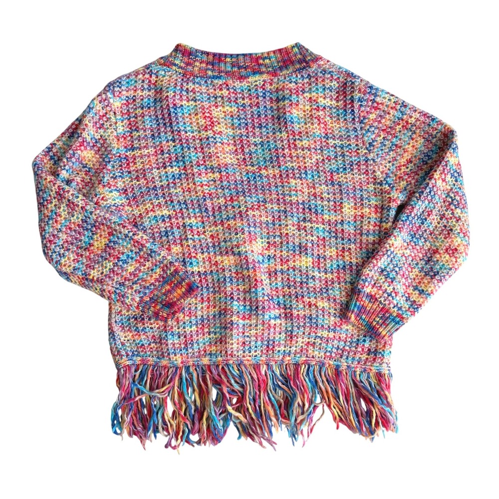 NWOT Akira Women's Rainbow Chunky Knit Fringe Cardigan Gold Button Multicolor L‎ - Picture 2 of 13